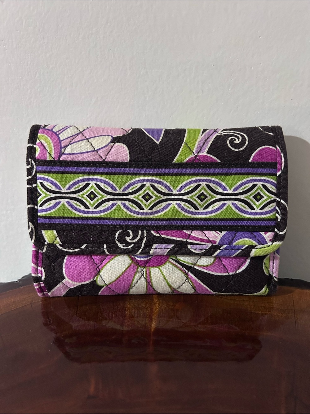Vera Bradley Quilted Floral Trifold Wallet in Purple, Green and Black - Picture 1 of 11